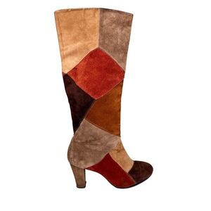 Johansen Suede‎ Patchwork Knee High Boots Womens Size 8B Brown Tan Red Vintage